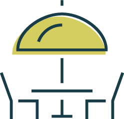 Blue and Gold Icon of a Bistro Table with Chairs & Umbrella, indicating that Fulcrum's rich amenities will include covered patio and alfresco dining space
